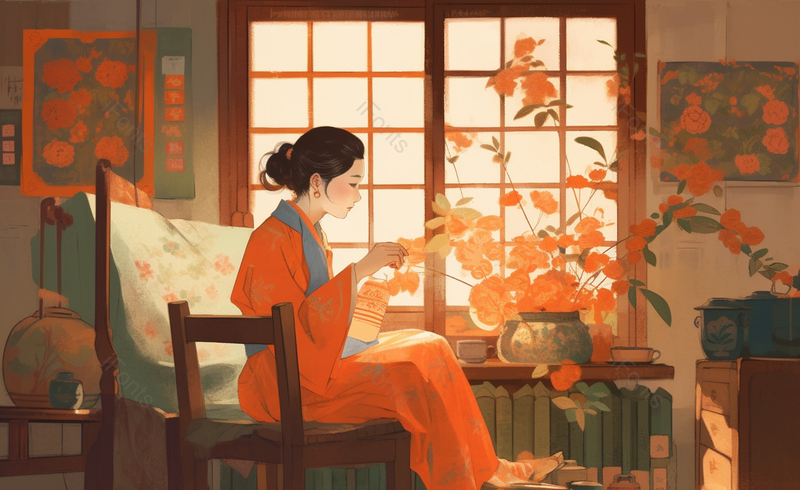 窗边女子浇花卡通手绘场景,插画/手绘图,插画/手绘图库,插画/手绘图下载,插画/手绘